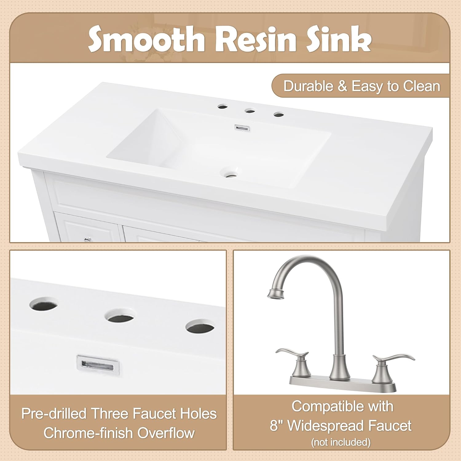 48' Bathroom Vanities Cabinet with Sink Top, Soft-Closing 6 Drawers and 2 Doors, Solid Wood Frame, White