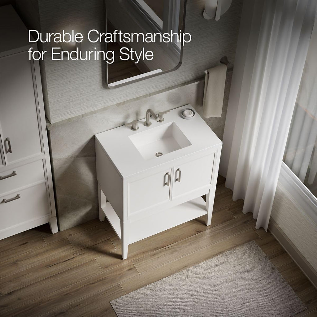 Kohler Winnow 30 Inch Bathroom Vanity Cabinet with White Single Sink and Quartz Top, Modern Bathroom Vanity, White, K-33578-ASB-0