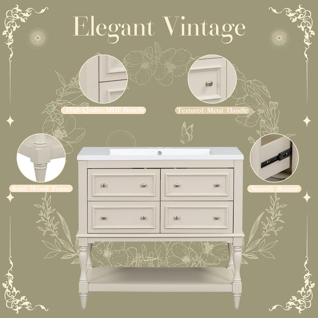 Virubi 36'' Bathroom Vanity with Single Sink, Freestanding Sink Cabinet with 4 Drawers and Open Shelf, Solid Wood Frame Bathroom Storage Cabinet