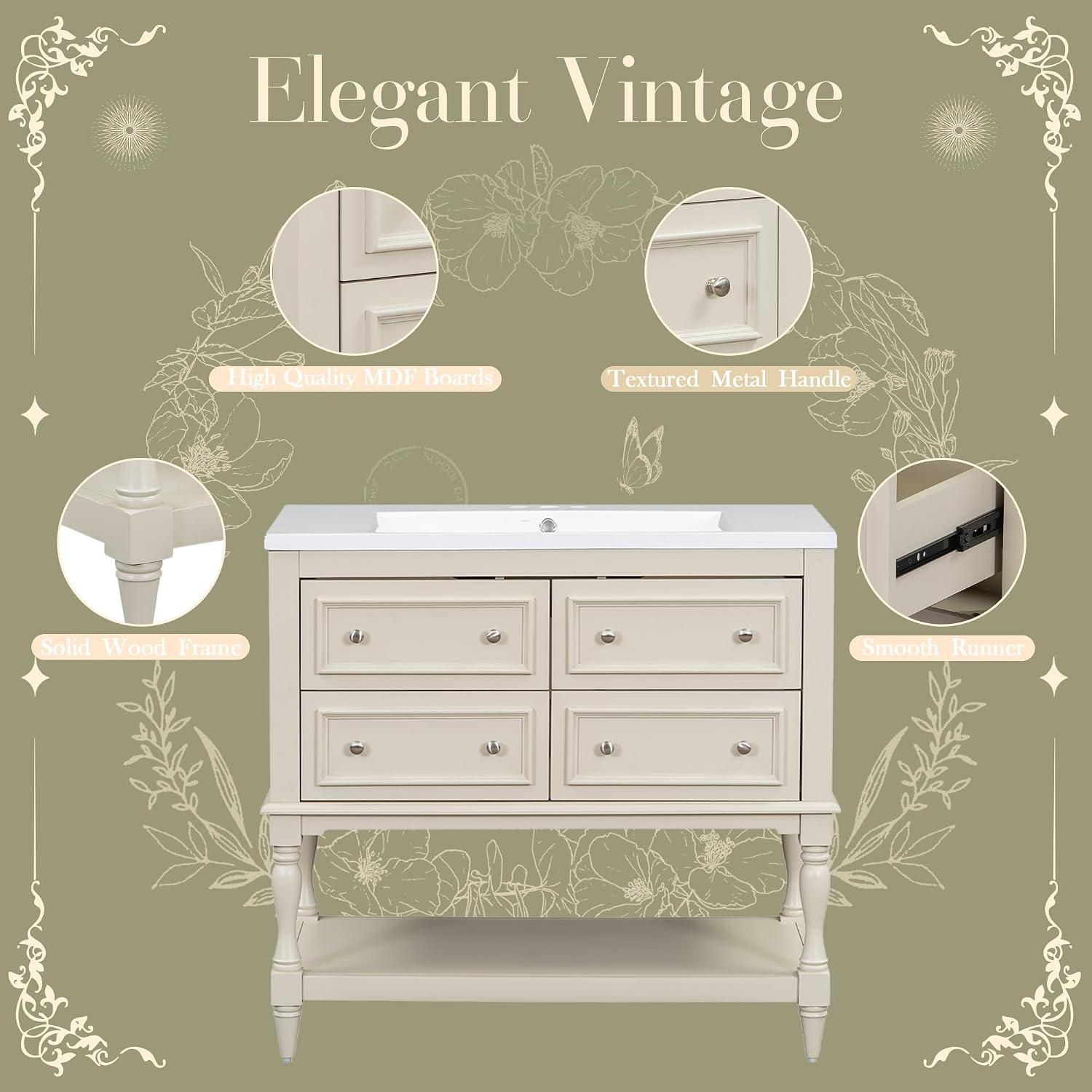 Virubi 36'' Bathroom Vanity with Single Sink, Freestanding Sink Cabinet with 4 Drawers and Open Shelf, Solid Wood Frame Bathroom Storage Cabinet