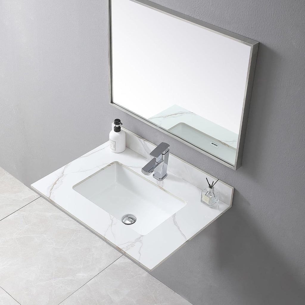 31 x 22 Inch Bathroom Vanity Top, Sintered Stone Top with Ceramic Sink, Single Hole Vanity Top With Undermount Rectangular Sink and 1 Backsplash (Carrara Gold, 1 Hole)