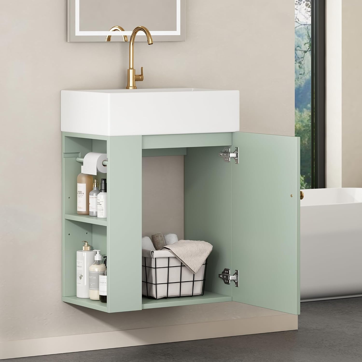 20' Floationg Wall-Mounted Bathroom Vanity with Ceramic Sink, Adjustable Shelf, Toilet Paper Holder, Modern Style, Door with Diamond Design, Green