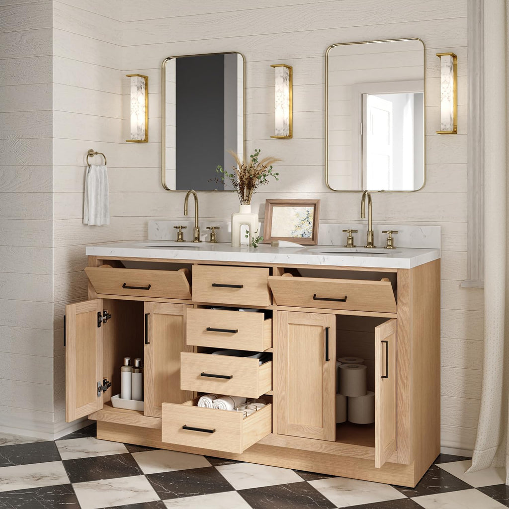 ARIEL Hepburn 60-inch Bathroom Vanity with Sink,Solid Wood, 1.5-inch Carrara White Quartz Countertop & Backsplash, Double Oval Porcelain Sink, 4 Soft Closing Doors, 6 Dovetail Drawers, White Oak