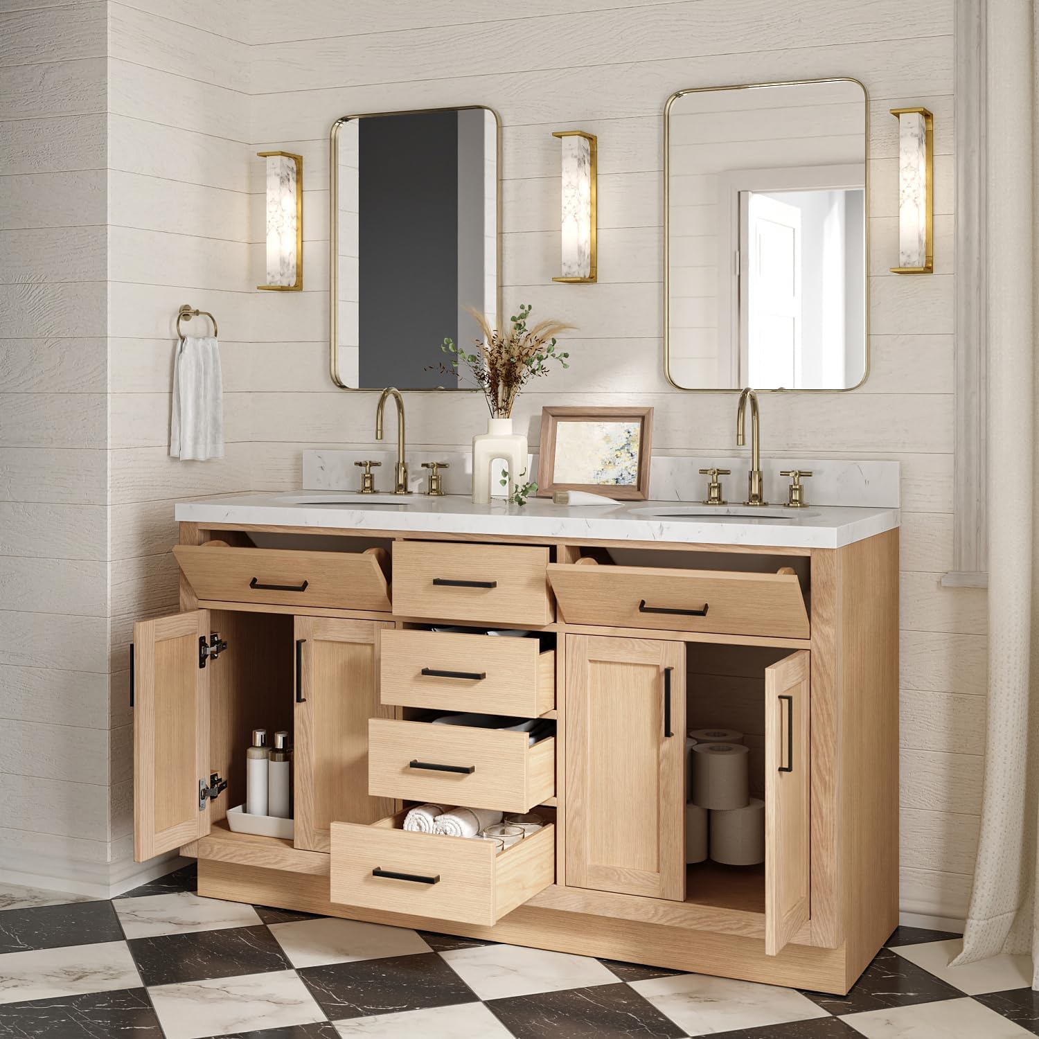 ARIEL Hepburn 60-inch Bathroom Vanity with Sink,Solid Wood, 1.5-inch Carrara White Quartz Countertop & Backsplash, Double Oval Porcelain Sink, 4 Soft Closing Doors, 6 Dovetail Drawers, White Oak