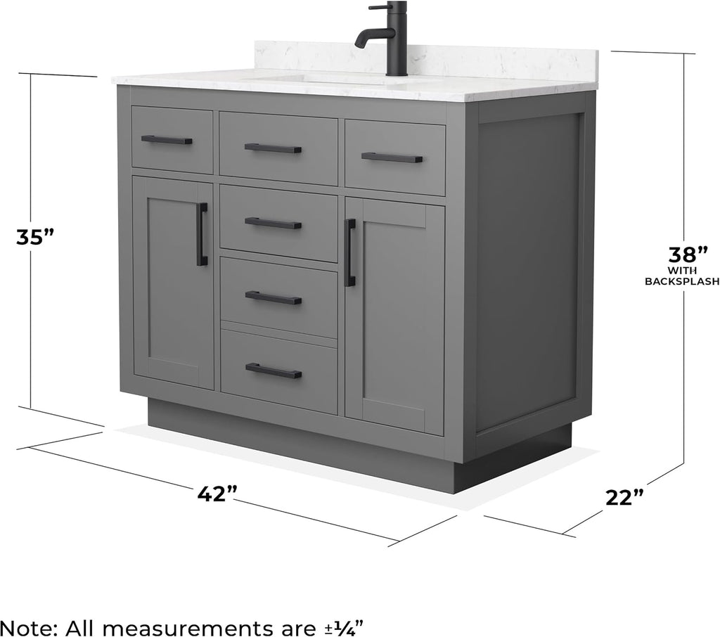 Wyndham Collection Beckett 42 Inch Single Bathroom Vanity with Toe Kick in Dark Gray, Carrara Cultured Marble Countertop, Undermount Square Sink, Matte Black Trim