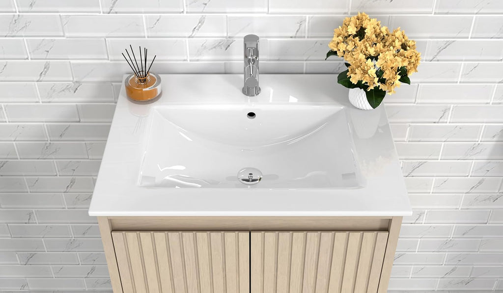 TILE & TOP Bathroom Vanity Set with Top, Sink and Backsplash, Solid Wood, Soft-Close Drawers, 1 Open Shelf, Adjustable Feet, Customer Support. (Coastal Oak, 24' Freestanding)