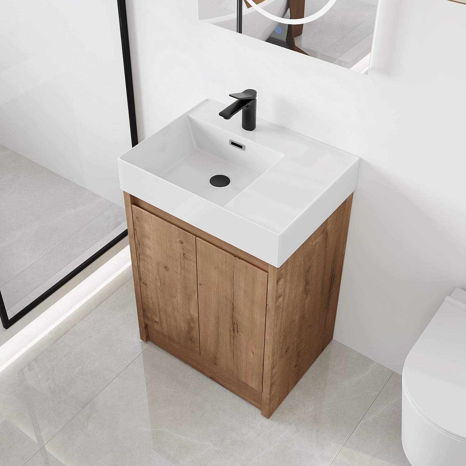 Malwee 24 Inch Freestanding Bathroom Vanity with Sink, 24'' Floor Standing Bathroom Vanity, Modern Vanity with 2 Doors and White Resin Basin Sink Top (036-24)