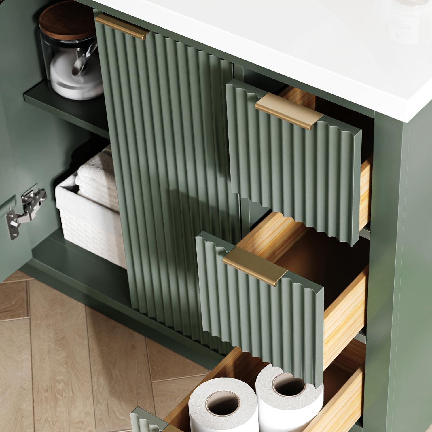 ARIEL Milan 48-inch Bathroom Vanity with Sink,Solid Wood, 1.5-inch Pure White Quartz Countertop, Single Rectangular Porcelain Sink, Soft Closing Doors, Dovetail Drawers, Vintage Green