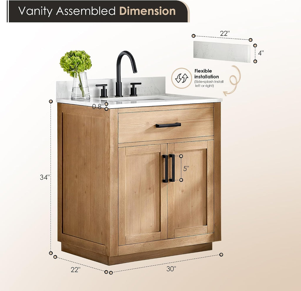 ALTAIR 30 Inch Vanity Bathroom Small Single Sink Vanities with Ceramic Countertop Pre-Assembled Sidesplash and Backsplash Included Light Brown