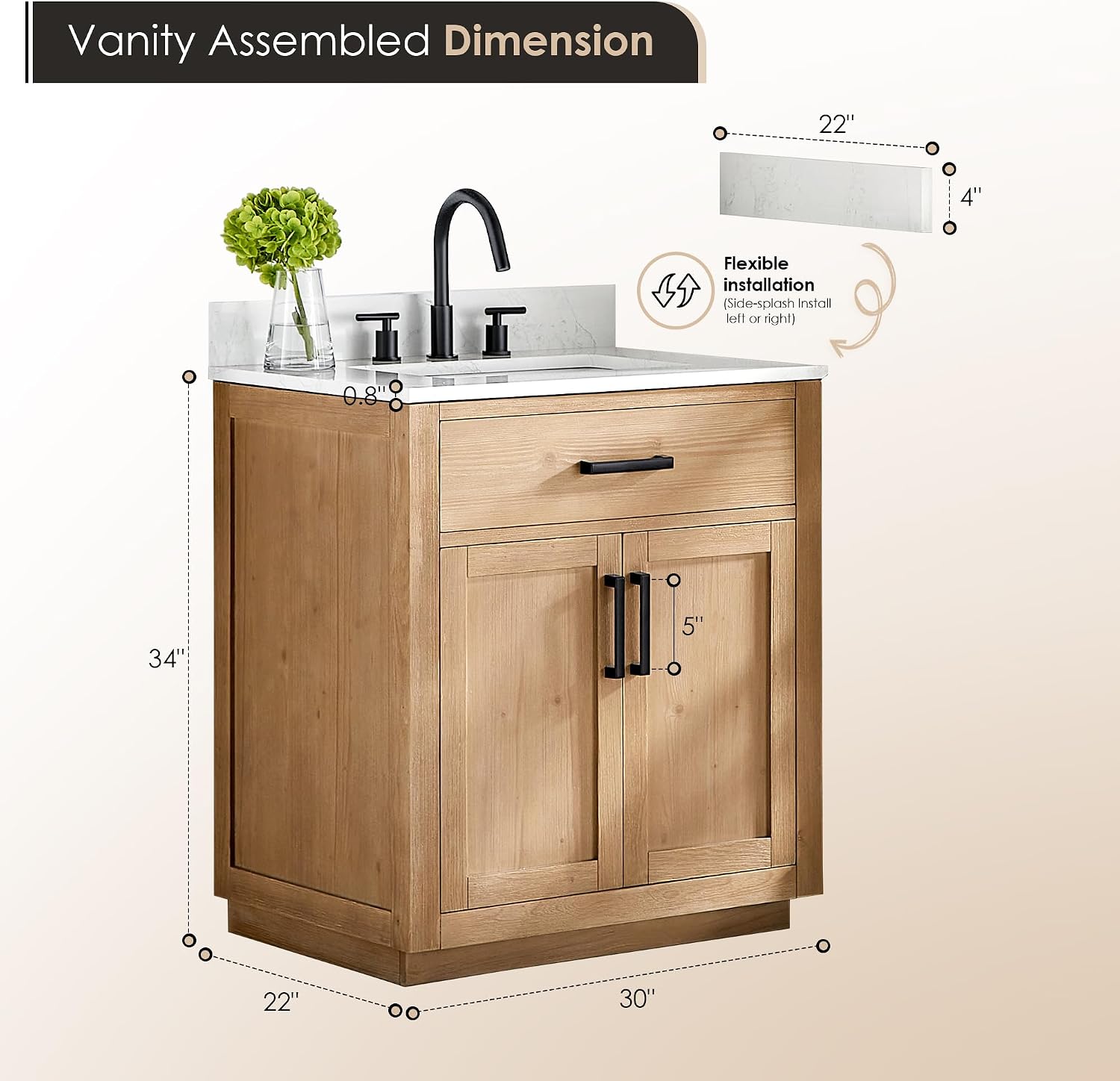ALTAIR 30 Inch Vanity Bathroom Small Single Sink Vanities with Ceramic Countertop Pre-Assembled Sidesplash and Backsplash Included Light Brown