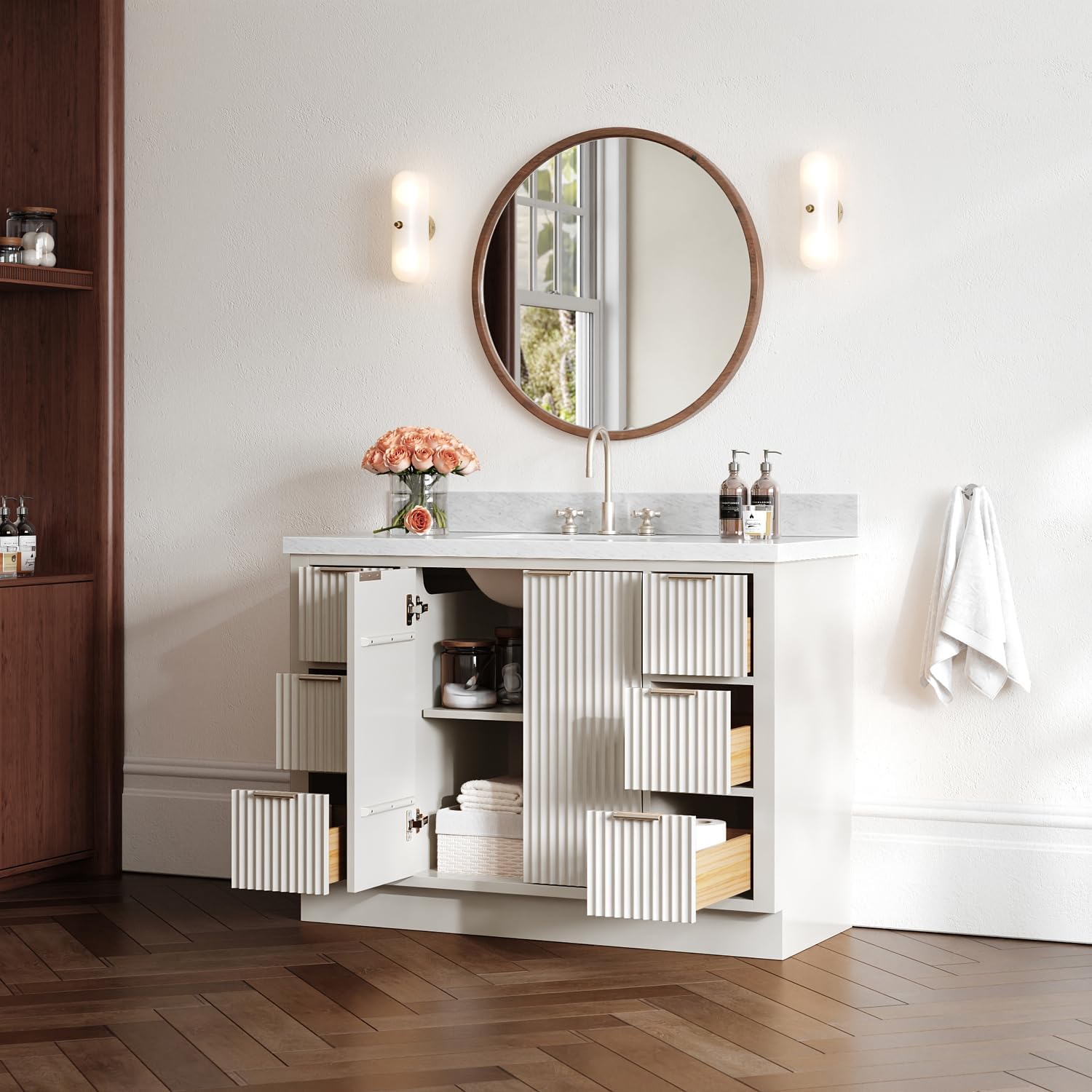ARIEL Milan 48-inch Bathroom Vanity with Sink,Solid Wood, 1.5-inch Italian Carrara Marble Countertop, Single Rectangular Porcelain Sink, 2 Soft Closing Doors, 6 Dovetail Drawers, Warm White