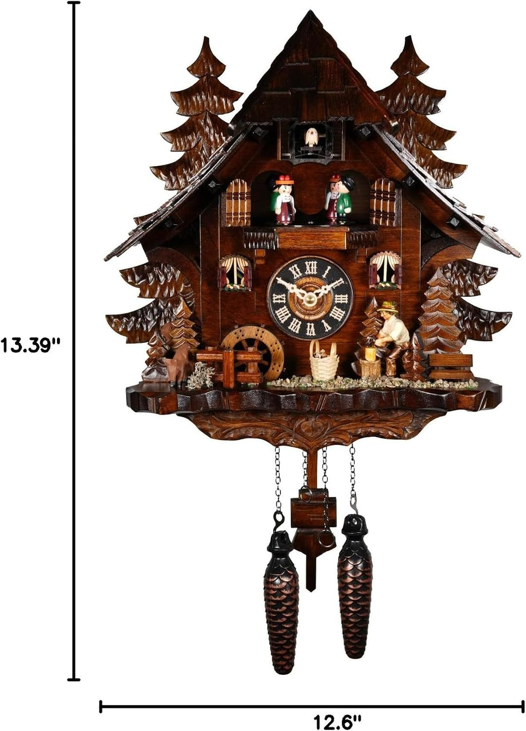 Engstler Quartz Cuckoo Clock Black Forest House with Moving Wood Chopper and Mill Wheel, with Music EN 473 QMT