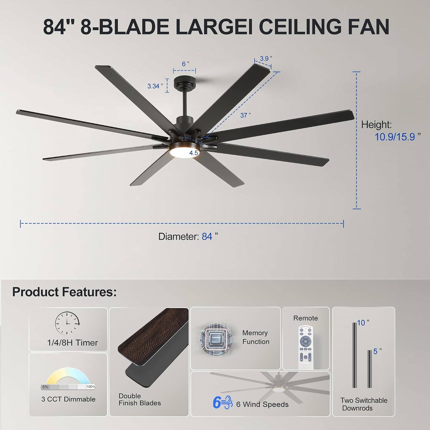 84 Inch Large Size With Light Kit & Remote Control 8 PCS Blades Ceiling Fan 3 Color Dimmable Led Dc Motor Reversible 6 Speed Quiet Remote Control Ceiling Fan For Living Room Bedroom Indoor Matte Black