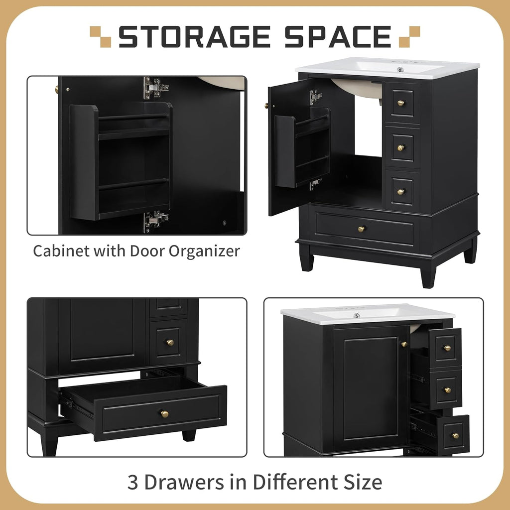 24 Inch Bathroom Vanity with Sink, Freestanding Bathroom Sink Cabinet with 3 Drawers and Storage Door Rack Organizer, Solid Wood Legs, Black