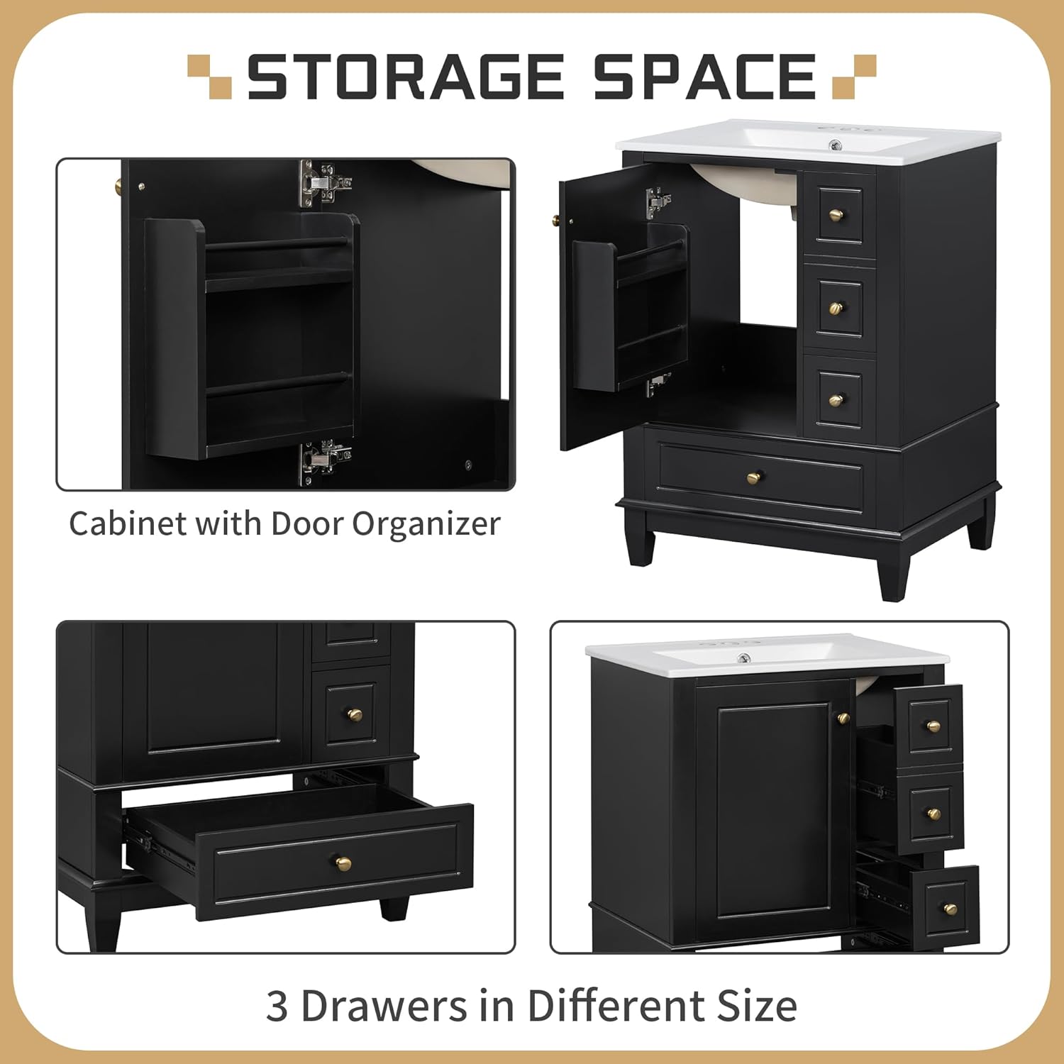 24' Modern Freestanding Bathroom Vanity with Ceramic Sink Top, 3 Drawers & Storage Shelves - MDF & Solid Wood Base