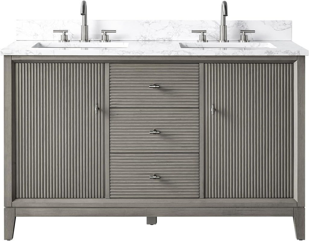 Vanity Art 54' Bathroom Vanity with Double Sink & Arabescato White Engineered Stone Top, Vanity Cabinet with Soft Closing Door, Solid Wood Frame, Brushed Nickel Handles, Driftwood Gray VA8154D-DG-BN