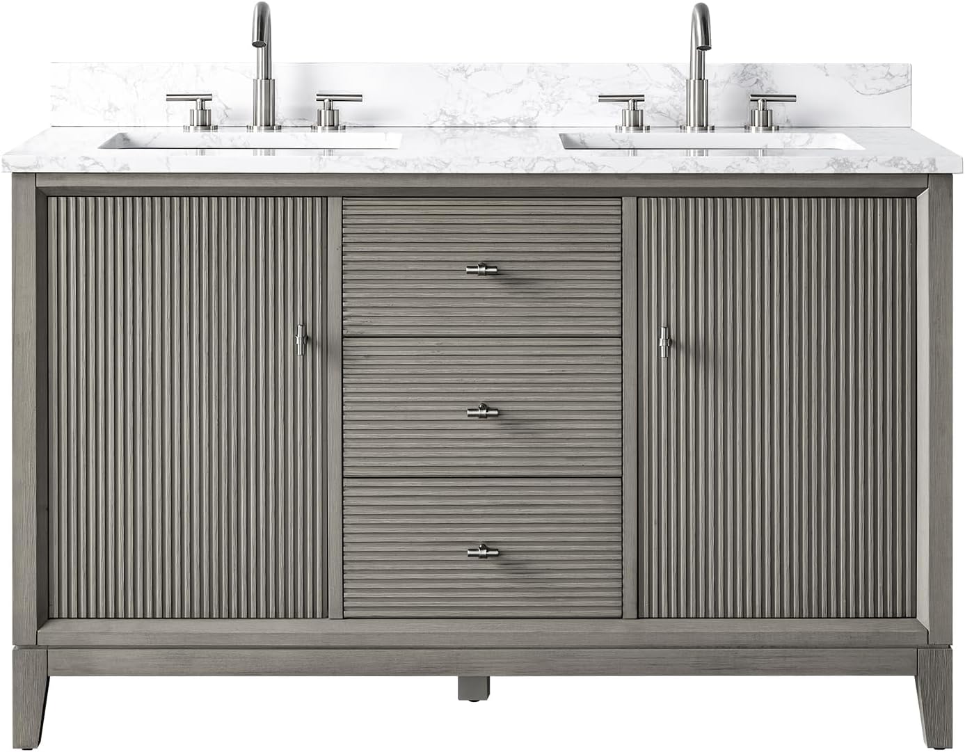 Vanity Art 54' Bathroom Vanity with Double Sink & Arabescato White Engineered Stone Top, Vanity Cabinet with Soft Closing Door, Solid Wood Frame, Brushed Nickel Handles, Driftwood Gray VA8154D-DG-BN
