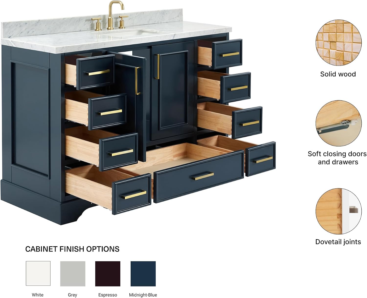 ARIEL Stafford 48-inch Bathroom Vanity with Sink,Solid Wood, 1.5-inch Italian Carrara Marble Countertop, Single Rectangular Porcelain Sink, 2 Soft Closing Doors, 9 Dovetail Drawers, Midnight Blue