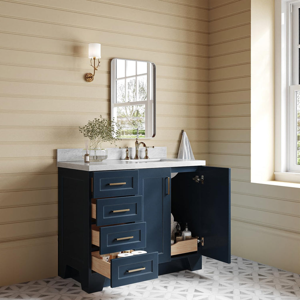 ARIEL Taylor 42-inch Bathroom Vanity with Sink,Solid Wood, 1.5-inch Italian Carrara Marble Countertop, Single Rectangular Porcelain Sink, 2 Soft Closing Doors, 5 Dovetail Drawers, Midnight Blue