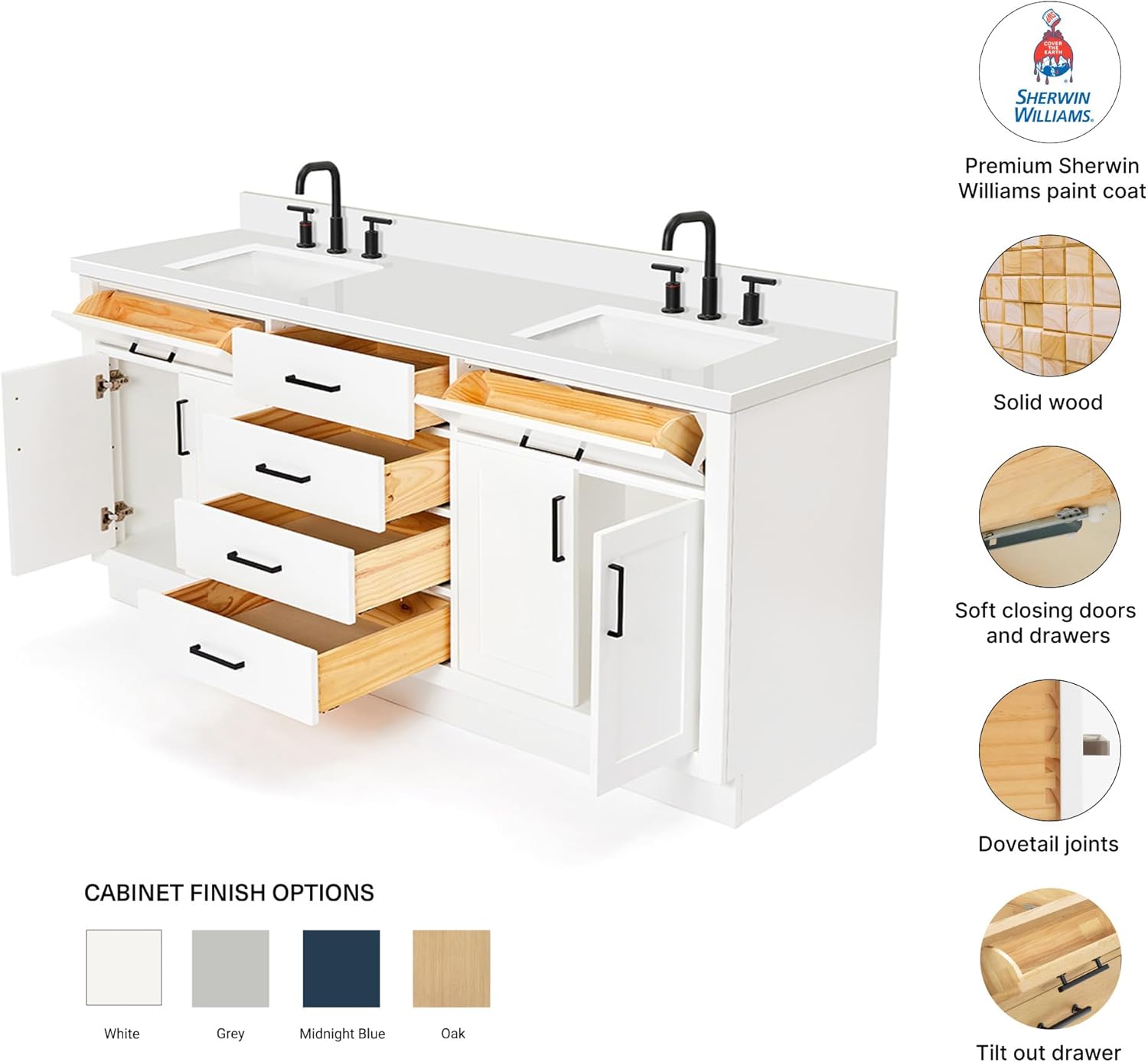 DKB Isabella 72 Inch Bathroom Vanity Double Sink — White Bathroom Vanity with Sink, 1.5' Edge Pure White Quartz Countertop, 4 Soft-Close Doors, 4 Dovetail Drawers, and 2 Tilt Drawers