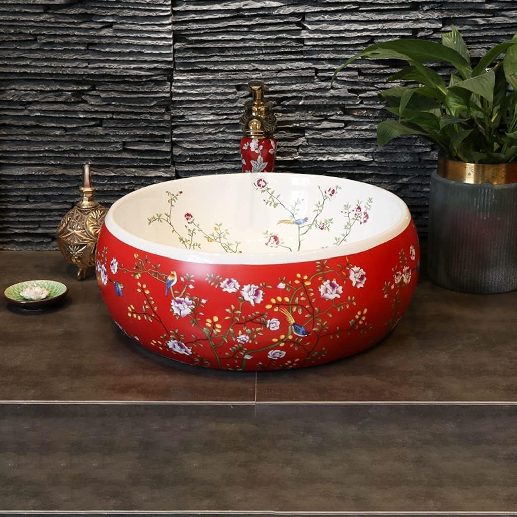 Bathroom Bar Vanity Vessel Sinks Above Counter Vanity Sink Tops Chinese Ceramic Lowes Bathroom Vanities Individual Flower and Bird Art Basin,42 * 15Cm,Redset,42 * 15cm