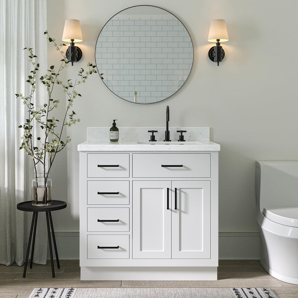 ARIEL Hepburn 36-inch Bathroom Vanity with Sink,Solid Wood, 1.5-inch Carrara White Quartz Countertop & Backsplash, Single Rectangular Porcelain Sink, 2 Soft Closing Doors, 5 Dovetail Drawers, White
