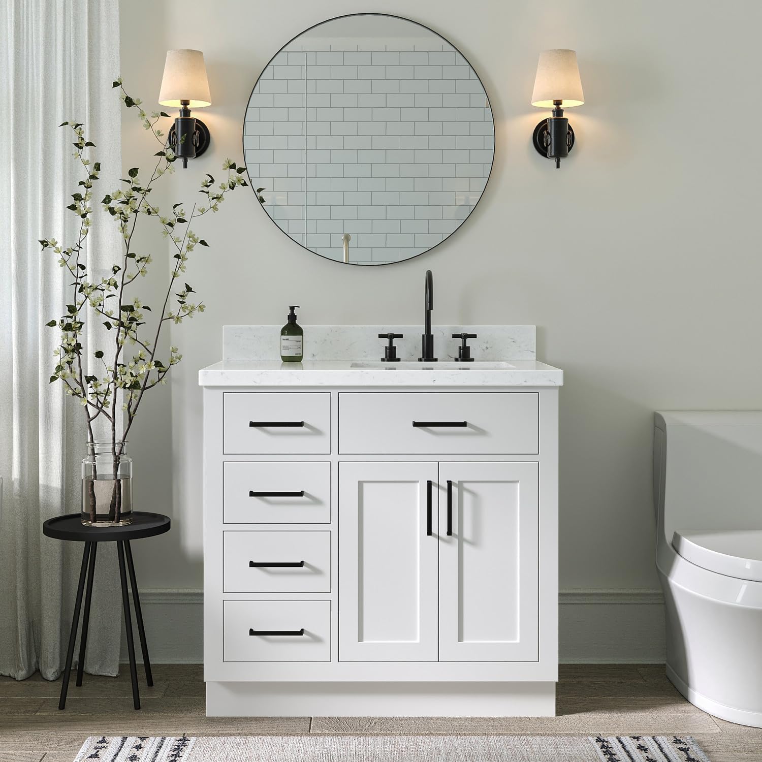 ARIEL Hepburn 36-inch Bathroom Vanity with Sink,Solid Wood, 1.5-inch Carrara White Quartz Countertop & Backsplash, Single Rectangular Porcelain Sink, 2 Soft Closing Doors, 5 Dovetail Drawers, White