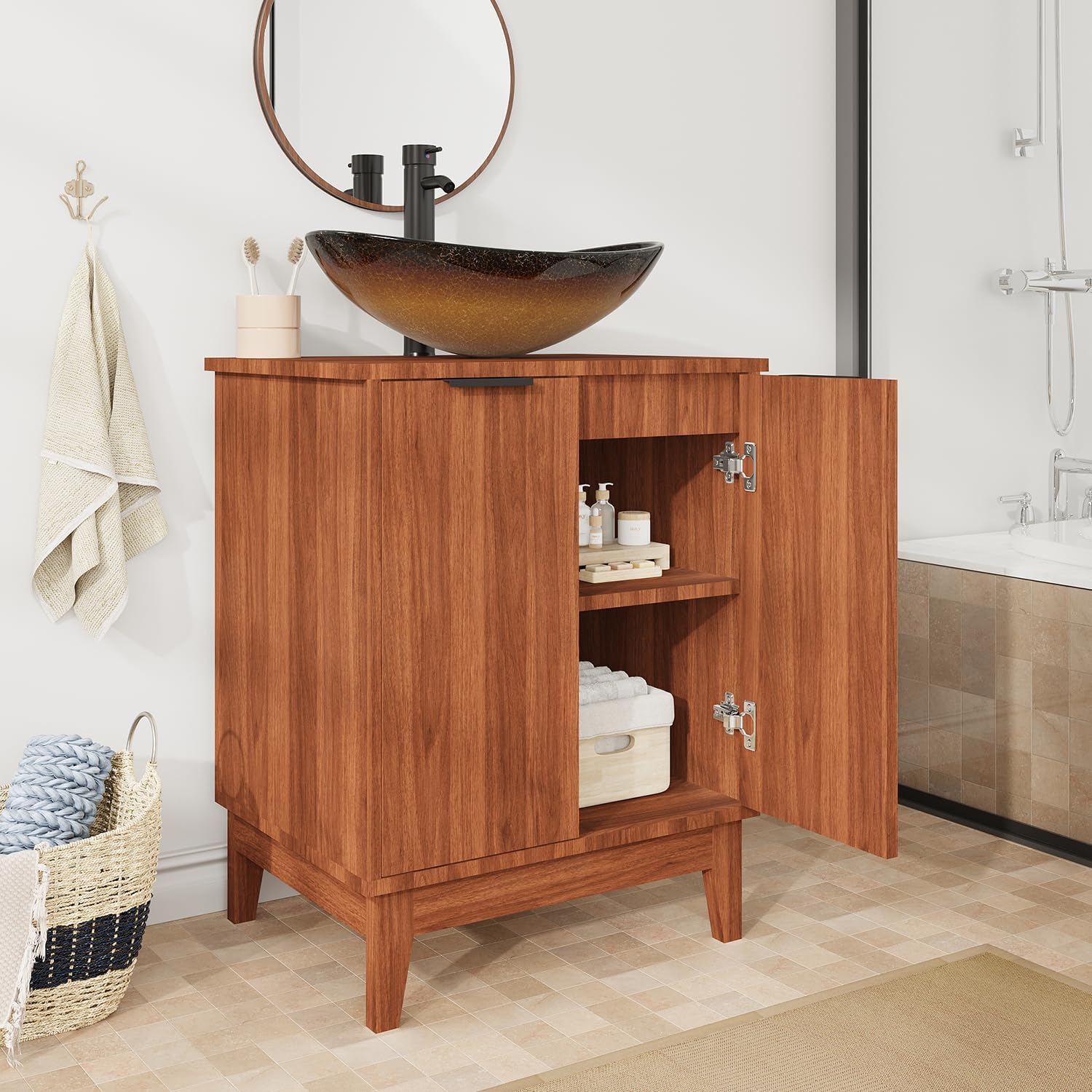 EROMMY 24 Inch Bathroom Vanity with Sink Combo, Bathroom Vanity with 2 Doors, Rustic Freestanding Bathroom Cabinet with Adjustable Shelf & Boat Glass Vessel Sink, Includes Water Tap & Sink Accessories