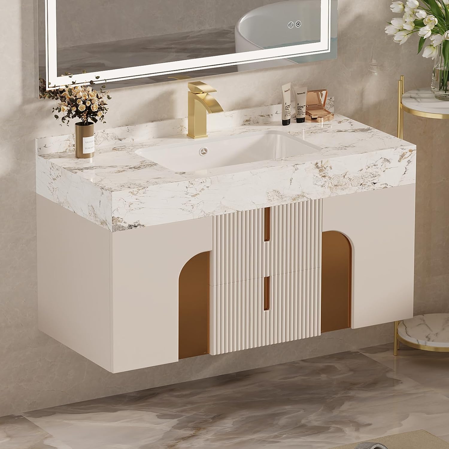 homary 36 Inch Bathroom Vanity with Sink, Contemporary Floating Vanity with Sintered Stone Countertop & Undermount Ceramic Basin, 2 Drawers & 2 Open Shelves, Space Saving Design, Beige