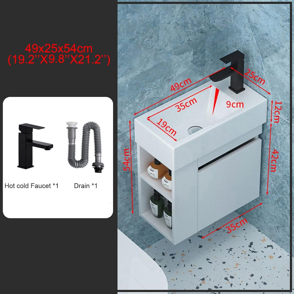 Jcgly Bathroom Vanity Sink Combo for Narrow Small Space, Wall Mounted Cabinet Set White Ceramic Basin Sink Top with Frosted Black Cold Hot Faucet and Drain (Color : Right Faucet, Size : 49x25x54cm)