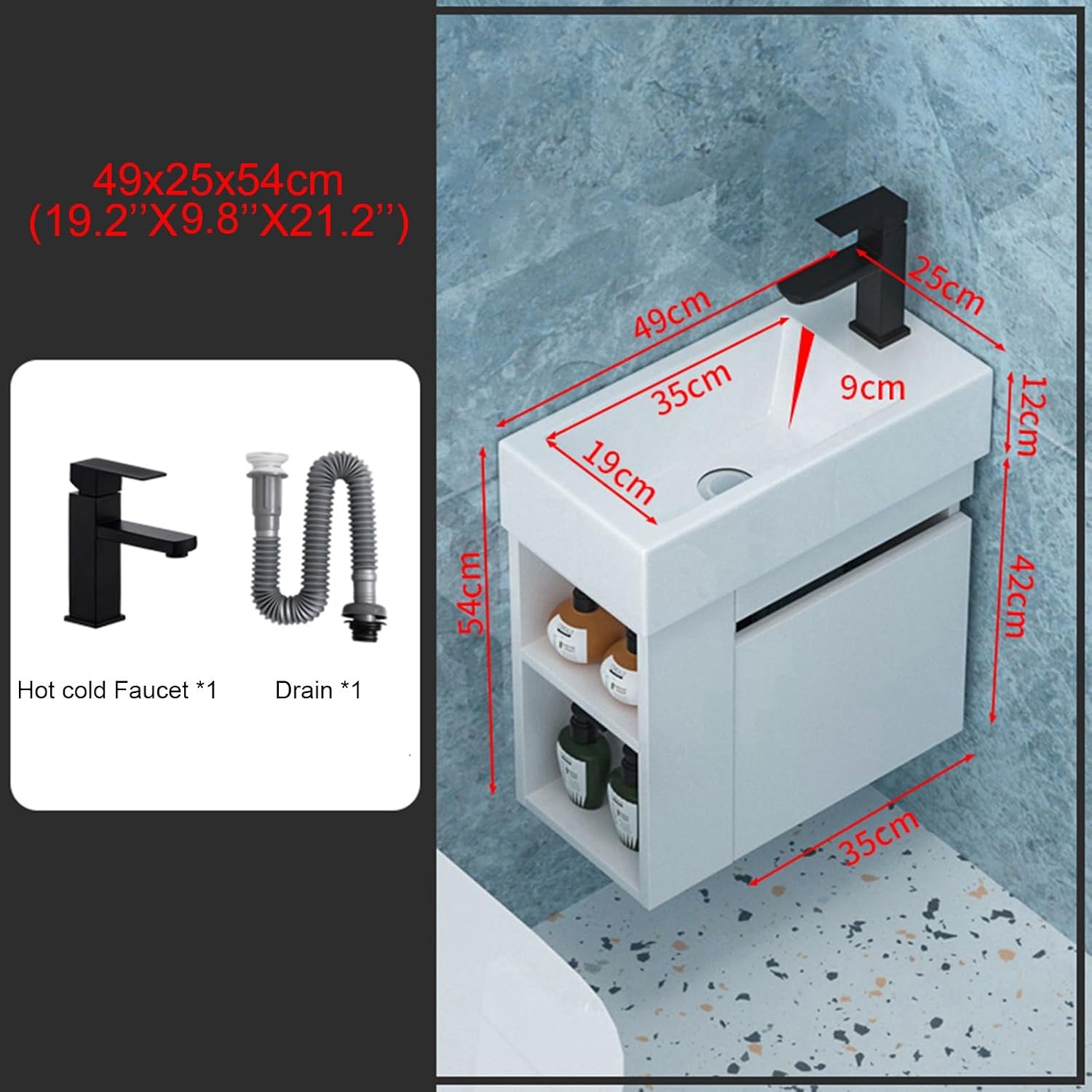 Jcgly Bathroom Vanity Sink Combo for Narrow Small Space, Wall Mounted Cabinet Set White Ceramic Basin Sink Top with Frosted Black Cold Hot Faucet and Drain (Color : Right Faucet, Size : 49x25x54cm)