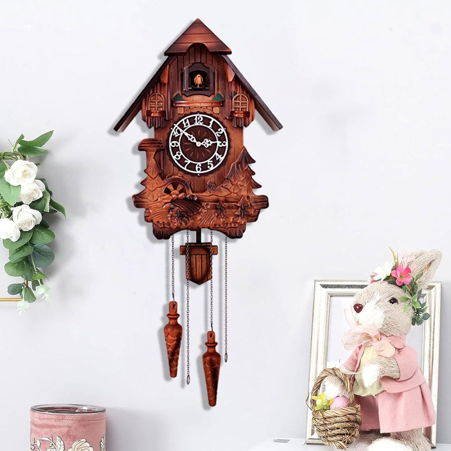 Cuckoo Clock Pendulum Clock Gift Home Decor Hand Carved Wall Clock Hourly Chime for Living Room Restaurant Hotel Cafe Bedroom, Style A(Style C)
