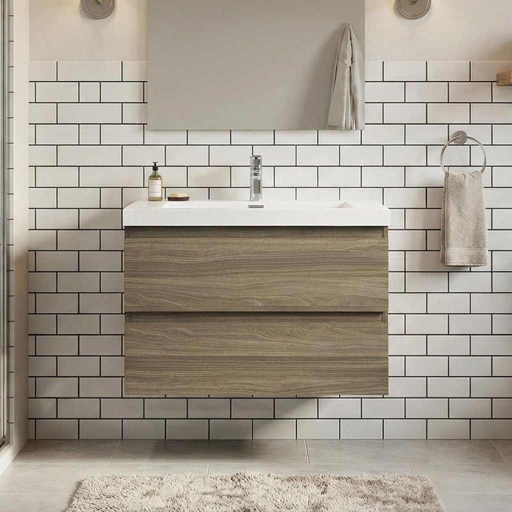 Neftis 30-Inch Floating Vanity with Sink, Pre-Assembled Modern Bathroom Vanity Sink Combo with Storage, Soft-Closing Drawers, One-piece Countertop White Resin Sink, Ash Grey Vanity for Bathroom