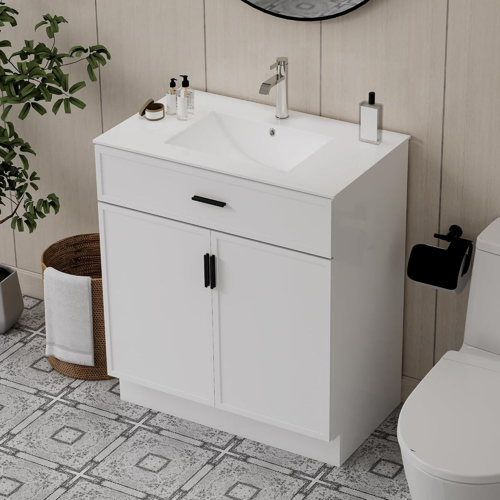 30 Inch White Bathroom Vanity with Ceramic Sink, Modern Freestanding Bathroom Cabinet with Soft-Close Doors & Storage, Moisture-Resistant Paint Surface, Single Sink Vanity for Small Bathroom