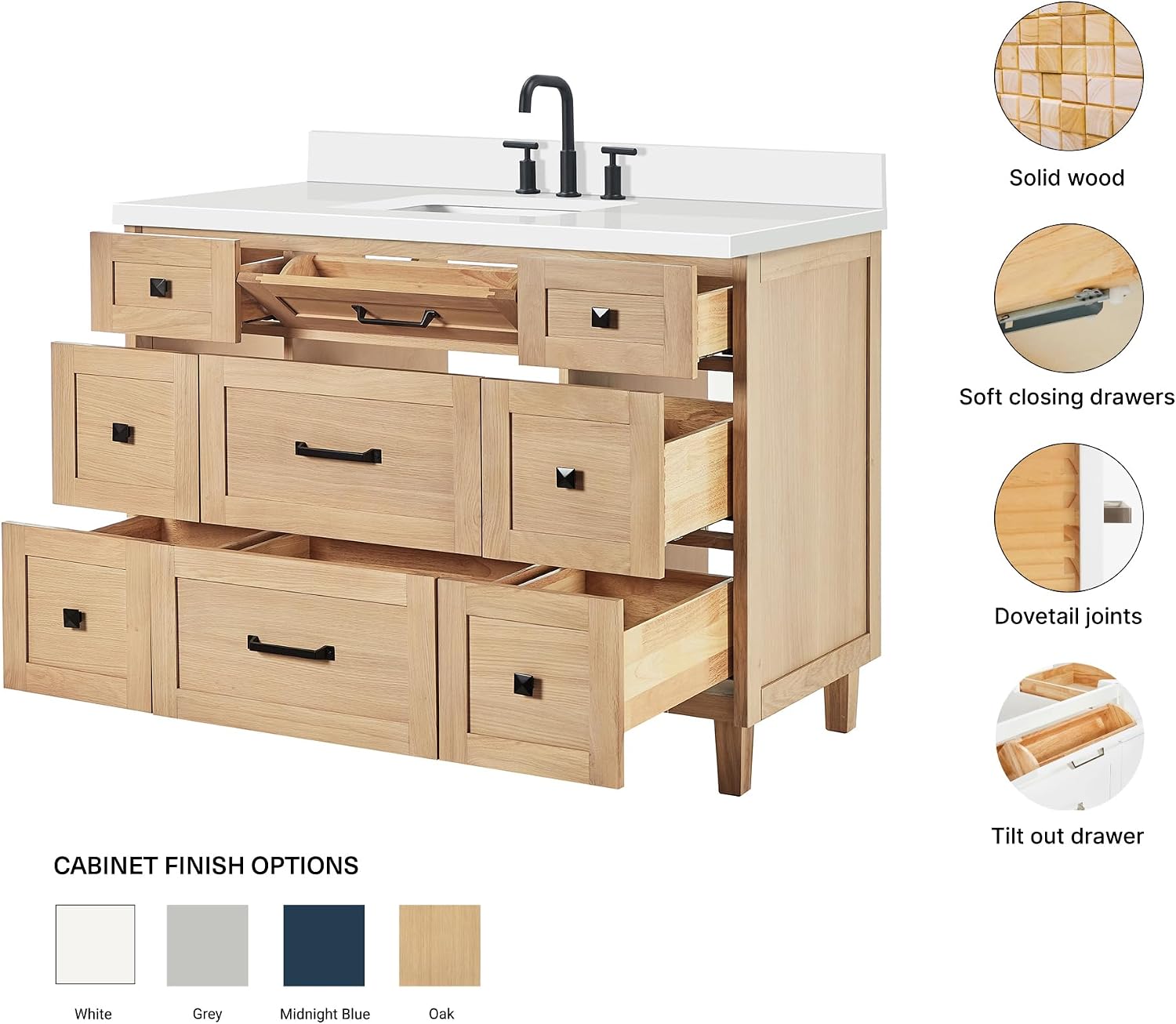 ARIEL Monroe 48-inch Bathroom Vanity with Sink,Solid Wood, 1.5-inch Pure White Quartz Countertop & Backsplash, Single Rectangular Porcelain Sink, 9 Dovetail Drawers, Matte Black, White Oak