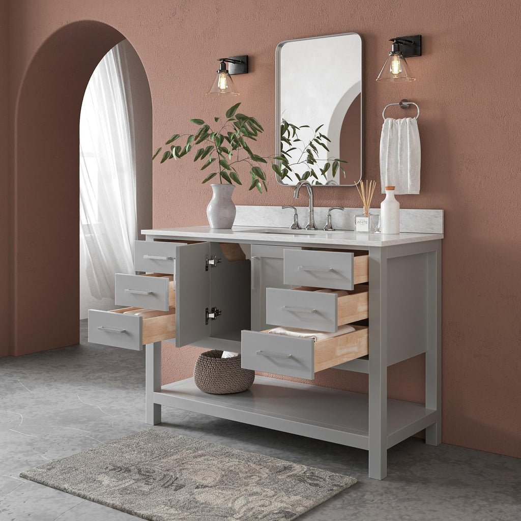 ARIEL Magnolia 48-inch Bathroom Vanity with Sink,Solid Wood, 0.75-inch Italian Carrara Marble Countertop, Single Rectangular Porcelain Sink, 2 Soft Closing Doors, 6 Dovetail Drawers, Grey