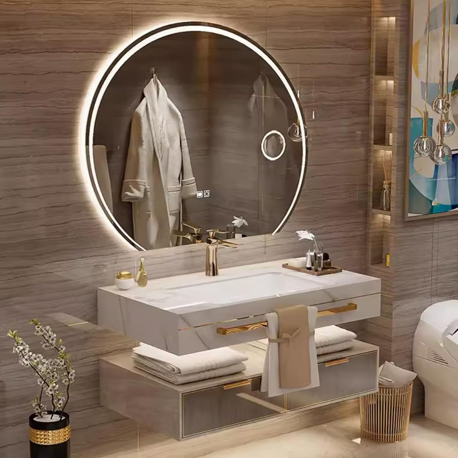 40 Inch Luxury Bathroom Vanity, Floating Bathroom Vanity with Sink and LED Round Smart Defogger Mirror, Multilayer solid wood Spacious Storage Drawer Include Faucet and Drain Fittings,Single Sink
