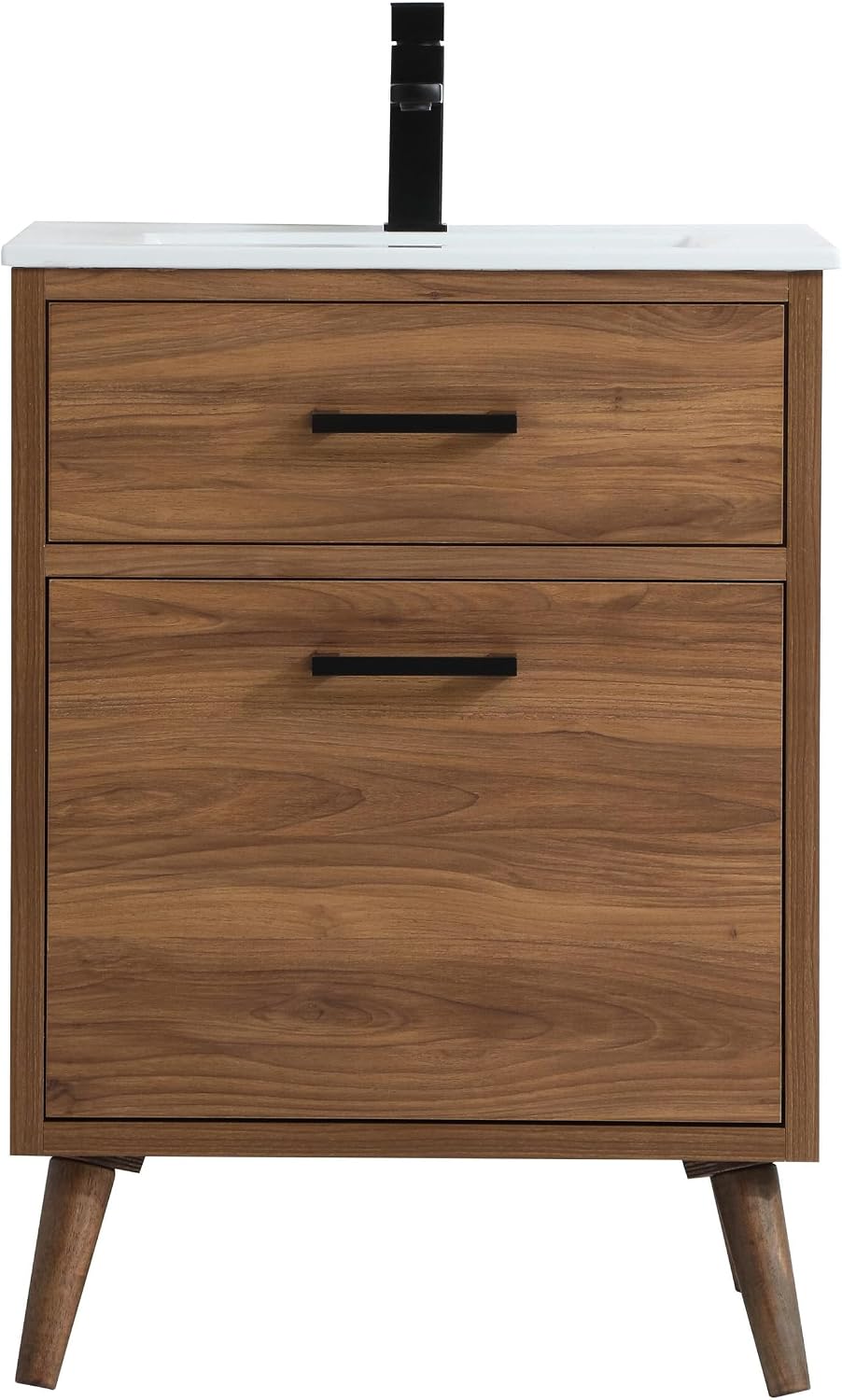 24' Pre-Assembled Bathroom Vanity with Sink, Engineered Wood, White Resin Countertop Attached, Single Rectangle Porcelain Sink, 1 Soft-Close Drawers, Walnut Brown