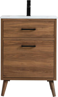 24' Pre-Assembled Bathroom Vanity with Sink, Engineered Wood, White Resin Countertop Attached, Single Rectangle Porcelain Sink, 1 Soft-Close Drawers, Walnut Brown