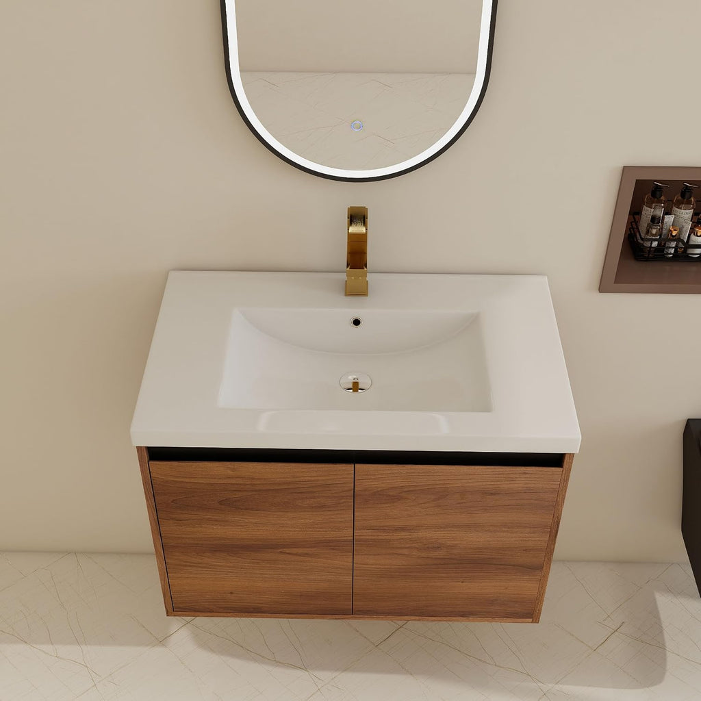 30 inch Bathroom Vanity with Sink, Wall-Mounted Floating Vanity with 2 Soft-Close Doors, Easy Assembly, Engineered Wood in Elegant Brown, Modern Style for Bathroom