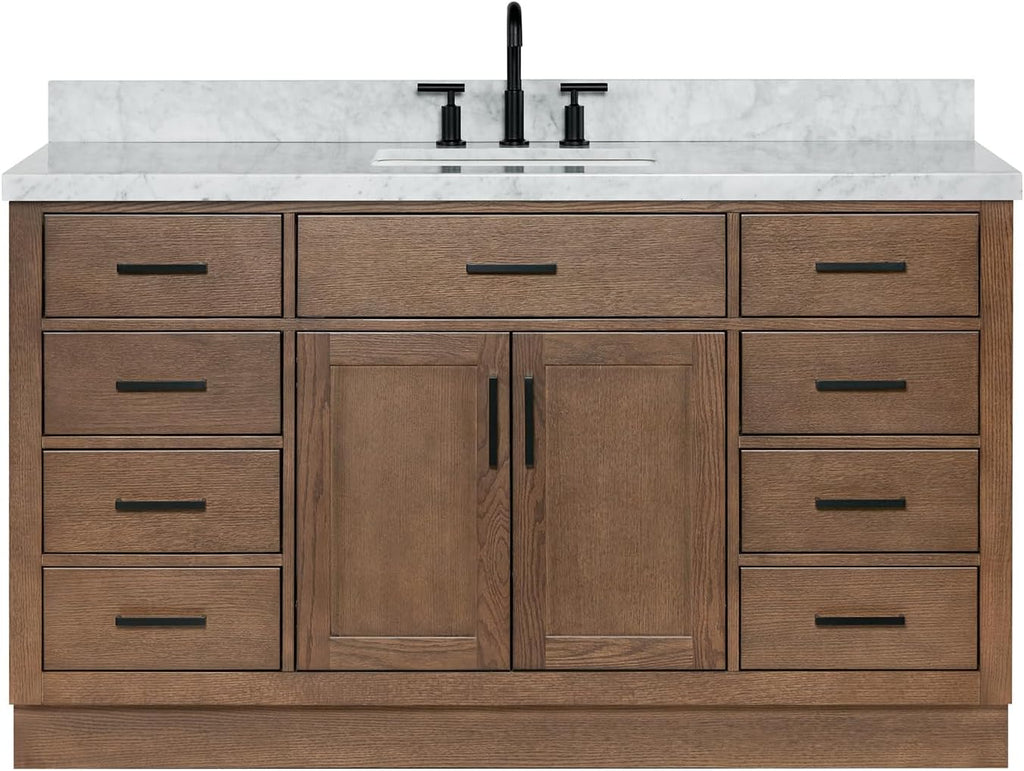 ARIEL Hepburn 60-inch Bathroom Vanity with Sink,Solid Wood, 1.5-inch Italian Carrara Marble Countertop, Single Rectangular Porcelain Sink, 2 Soft Closing Doors, 9 Dovetail Drawers, Brown Oak