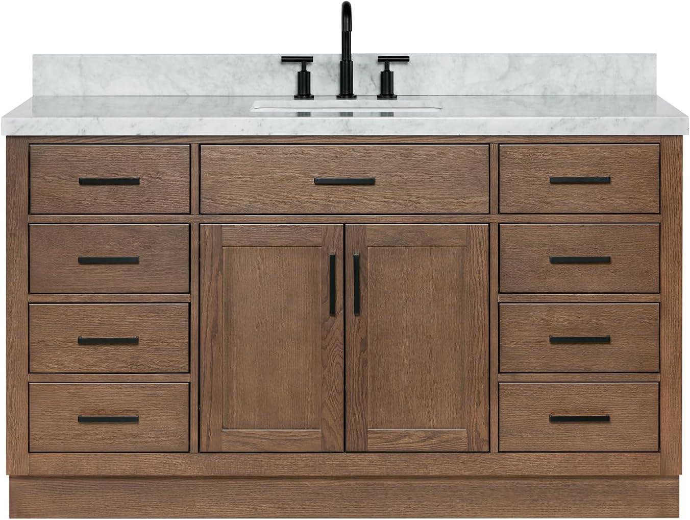 ARIEL Hepburn 60-inch Bathroom Vanity with Sink,Solid Wood, 1.5-inch Italian Carrara Marble Countertop, Single Rectangular Porcelain Sink, 2 Soft Closing Doors, 9 Dovetail Drawers, Brown Oak