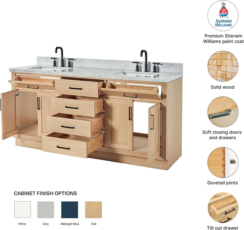 DKB Isabella 72' Oak Double Bathroom Vanity with Sink, 1.5' Carrara White Marble Countertop, Rectangle Undermount Sinks, 4 Soft Closing Doors, 6 Dovetail Drawers