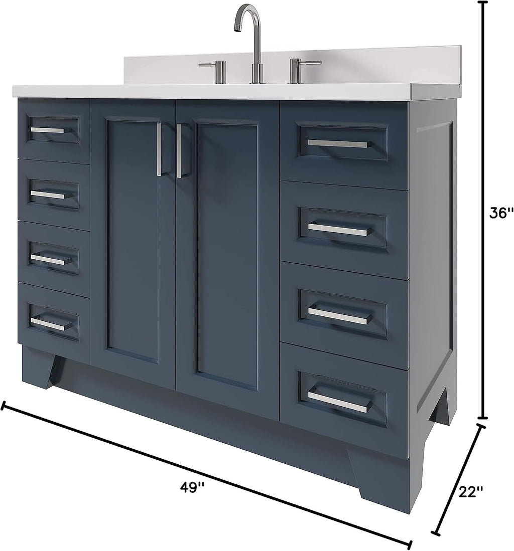 ARIEL Taylor 48-inch Bathroom Vanity with Sink,Solid Wood, 1.5-inch Pure White Quartz Countertop, Single Rectangular Porcelain Sink, 2 Soft Closing Doors, 9 Dovetail Drawers, Midnight Blue