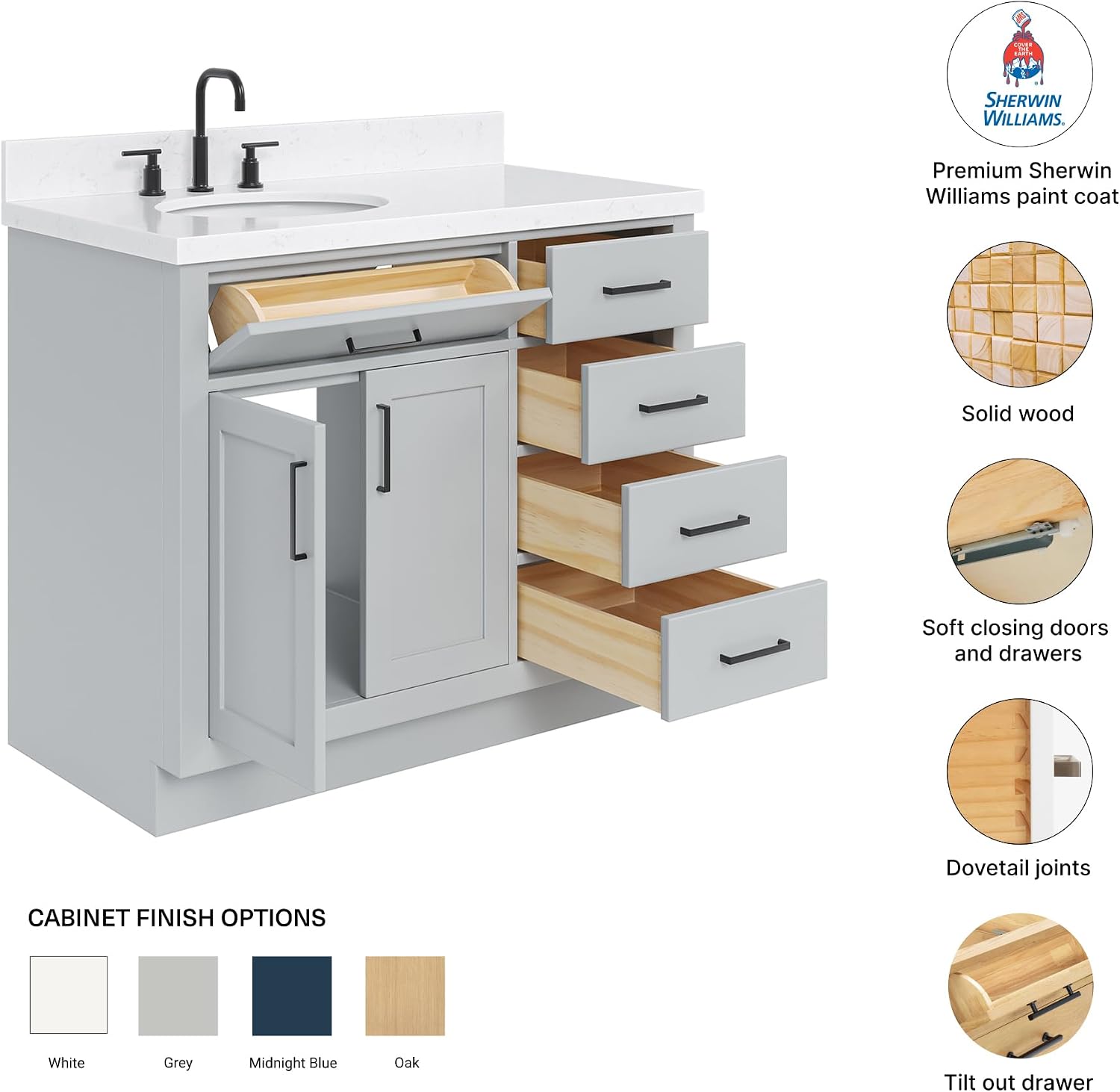 DKB Isabella 42-Inch Gray Bathroom Vanity with Sink, 1.5-Inch Carrara Quartz Countertop, Left Oval Undermount Sink, Solid Wood, 2 Soft-Closing Doors, 5 Full Extension Dovetail Drawers, Toe Kick