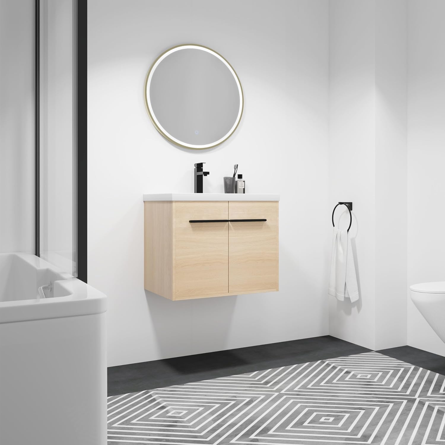 Floating Vanity Bathroom, 24 Inch Bathroom Vanity with Sink, Wall Mounted Single Sink Bathroom Vanity, Soft Closed Doors, Integrated Sink, Engineered Wood (Oak)