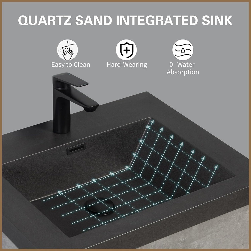 Compact 30' Floating Bathroom Vanity with Quartz Sand Basin Sink Top, Modern Wall-Mounted Bathroom Storage Vanity Cabinet with 2 Soft Close Drawers for Lavatory, Grey
