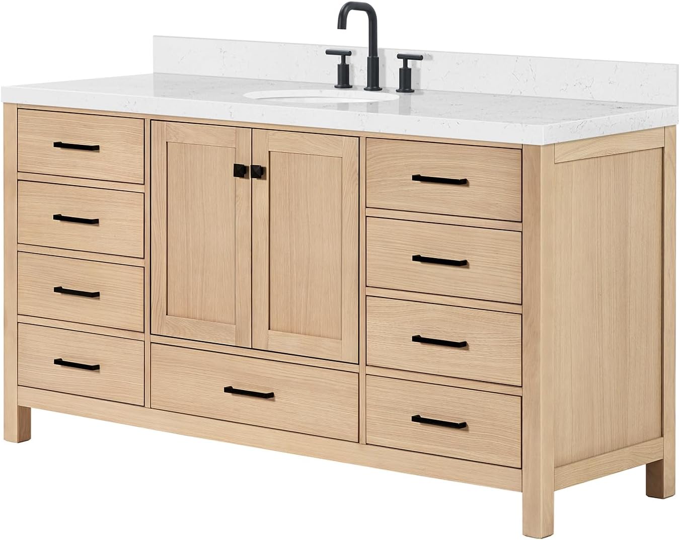 ARIEL Cambridge 66-inch Bathroom Vanity with Sink,Solid Wood, 1.5-inch Carrara White Quartz Countertop & Backsplash, Single Oval Porcelain Sink, 2 Soft Closing Doors, 9 Dovetail Drawers, White Oak