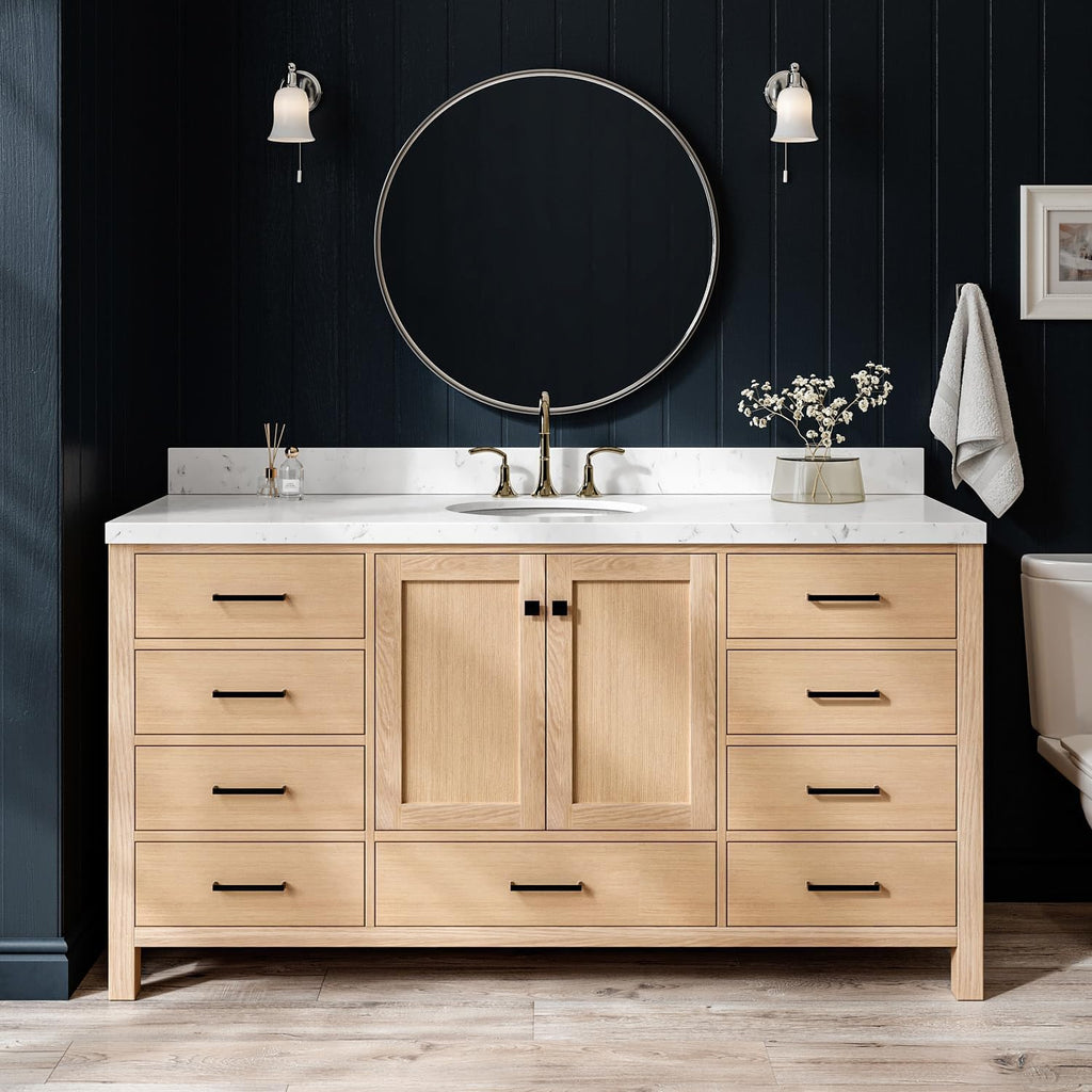 ARIEL Cambridge 66-inch Bathroom Vanity with Sink,Solid Wood, 1.5-inch Carrara White Quartz Countertop & Backsplash, Single Oval Porcelain Sink, 2 Soft Closing Doors, 9 Dovetail Drawers, White Oak