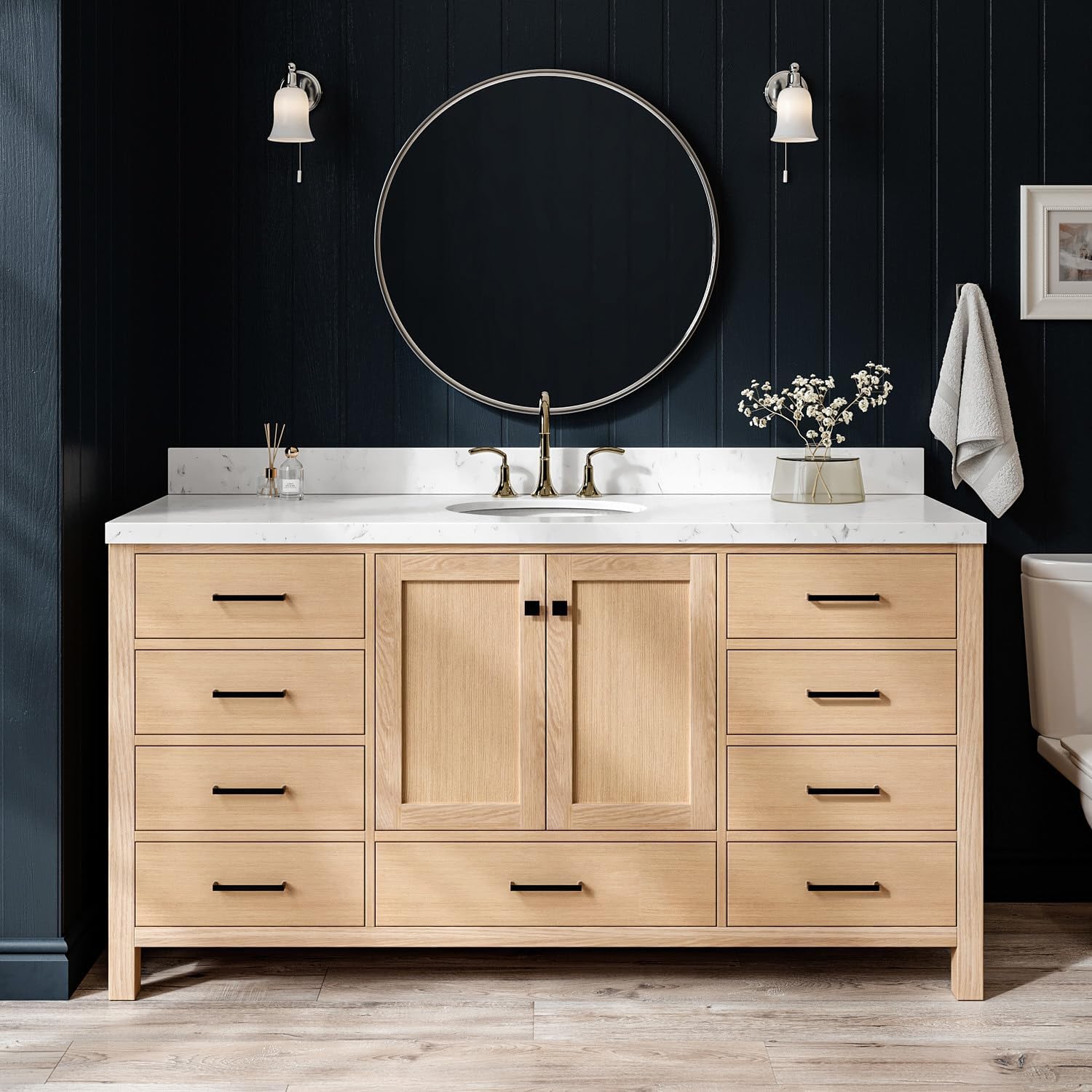 ARIEL Cambridge 66-inch Bathroom Vanity with Sink,Solid Wood, 1.5-inch Carrara White Quartz Countertop & Backsplash, Single Oval Porcelain Sink, 2 Soft Closing Doors, 9 Dovetail Drawers, White Oak